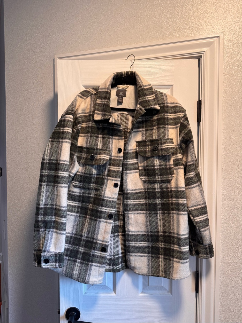 H&M Olive and Cream Plaid Utility Shacket